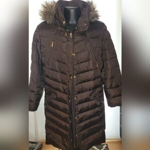 Michael Kors Petite Faux-Fur-Collar Zip Hooded Down Puffer Coat Dark Brown XL
